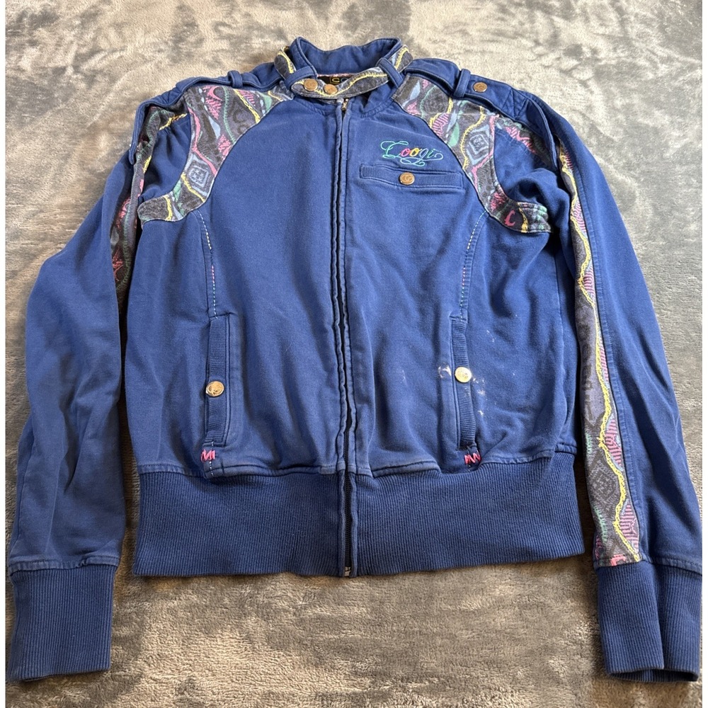 COOGI Vintage Track Jacket Blue Multicolor Knit Trim Zip Mens XXS Youth Large